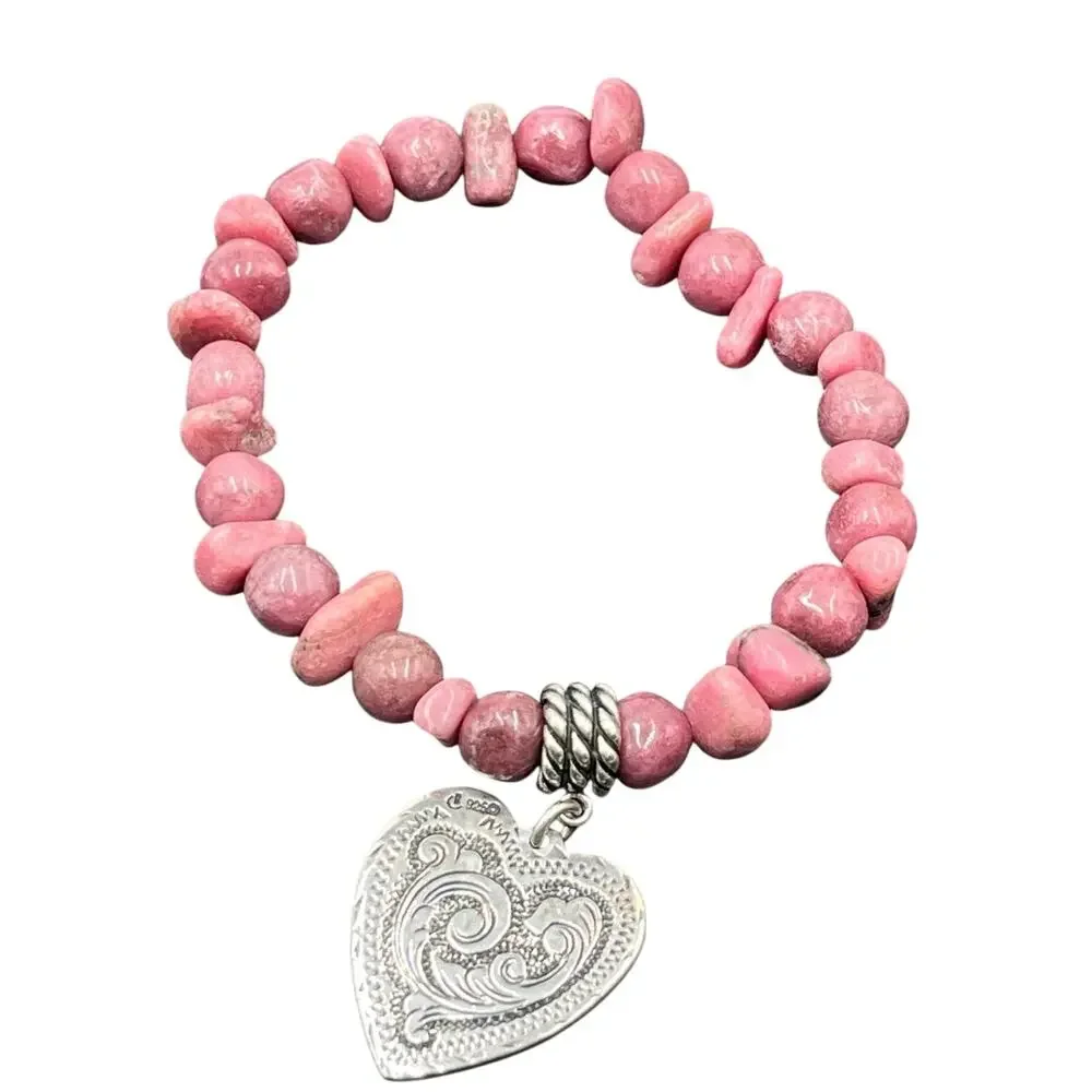 Relios Carolyn Pollack Sterling Heart Charm Rhodonite Pink Bead Stretch Bracelet